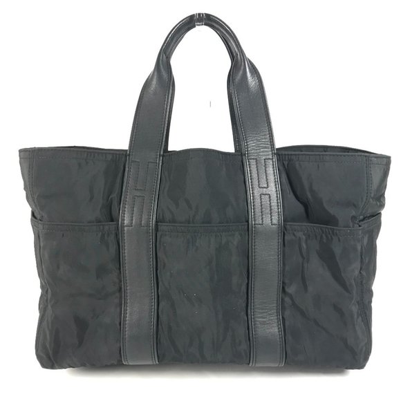 HERMES Acapulco MM Mini Boston Bag Tote Handbag Nylon and Leather Black M...